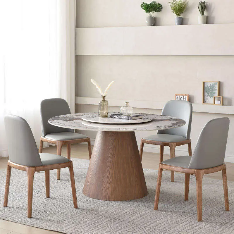 Minimalist Round Sintered Stone Dining Table with Wood Pedestal & Lazy Susan