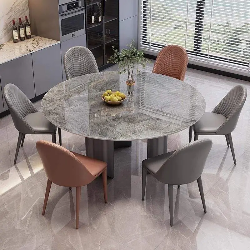 Round Sintered Stone Dining Table with Metal Drum Base