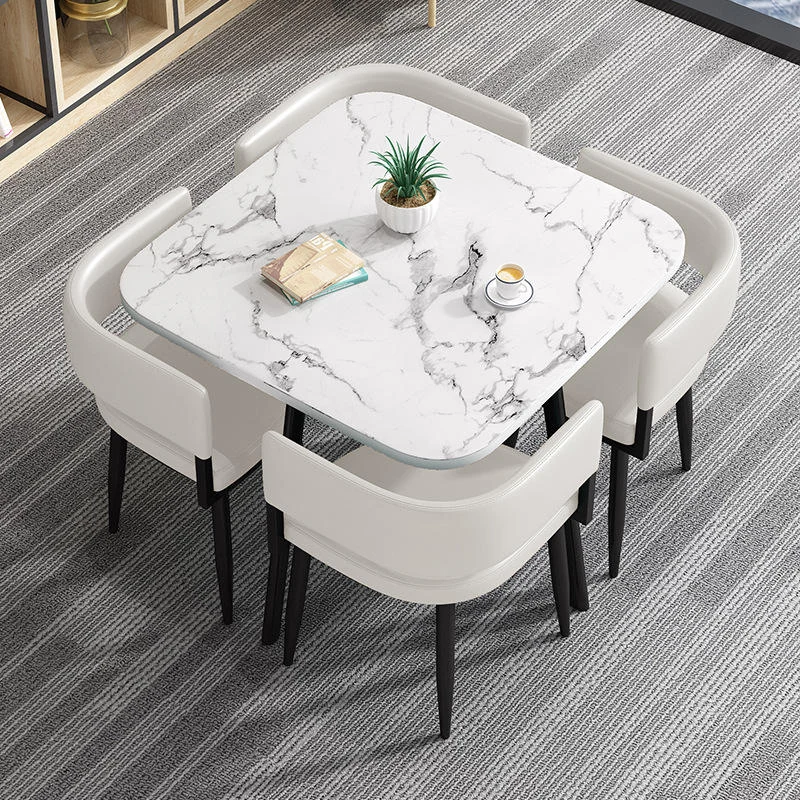 Nordic Square Marble-Look Dining Table Set with 4 Faux Leather Chairs