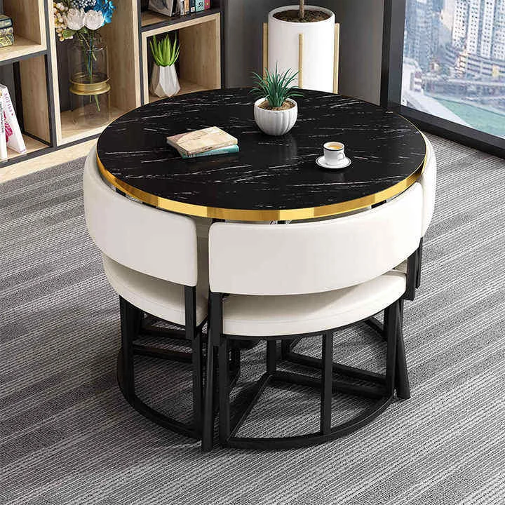 Nordic Round Black Sintered Stone Dining Table Set with 4 Metal-Frame Chairs