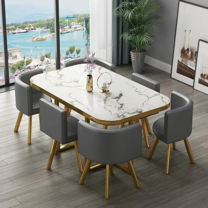 Rectangular Marble-Look Dining Table Set with 6 Faux Leather Chairs