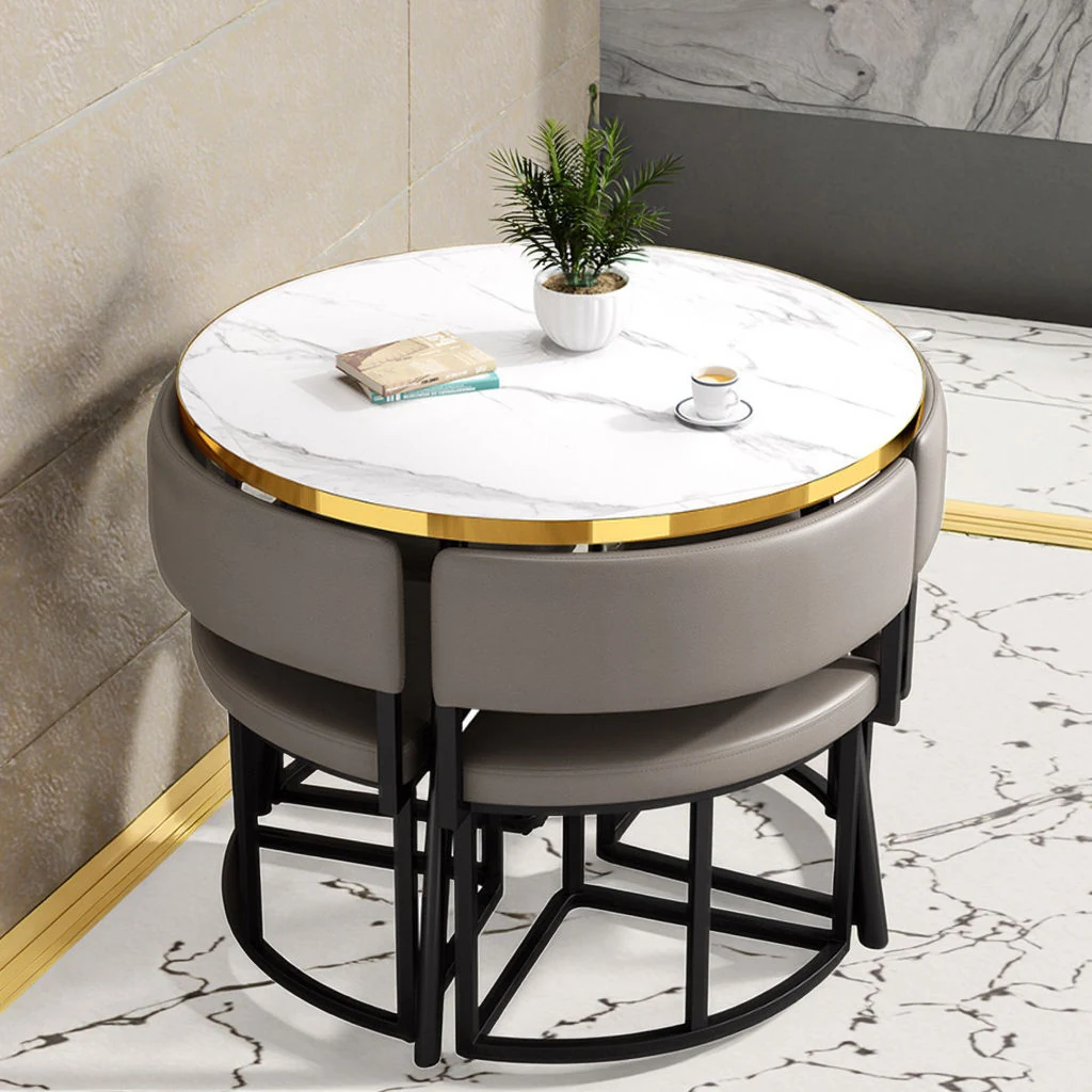 Space-Saving Round Black Stone Dining Table Set with 4 Chairs