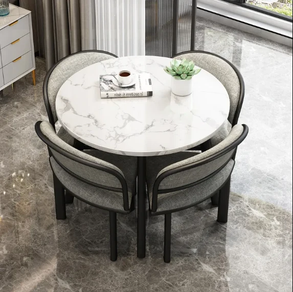 Modern Round White Sintered Stone Dining Table Set with 4 Grey Chairs