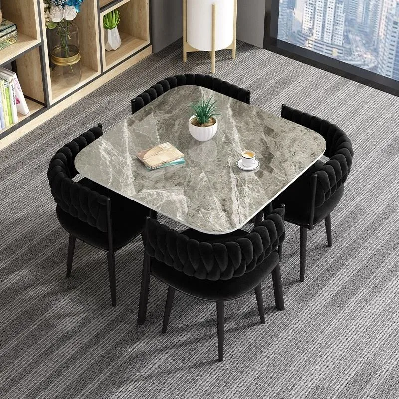 Luxury Rounded-Square Sintered Stone Dining Table Set with 4 Metal Chairs