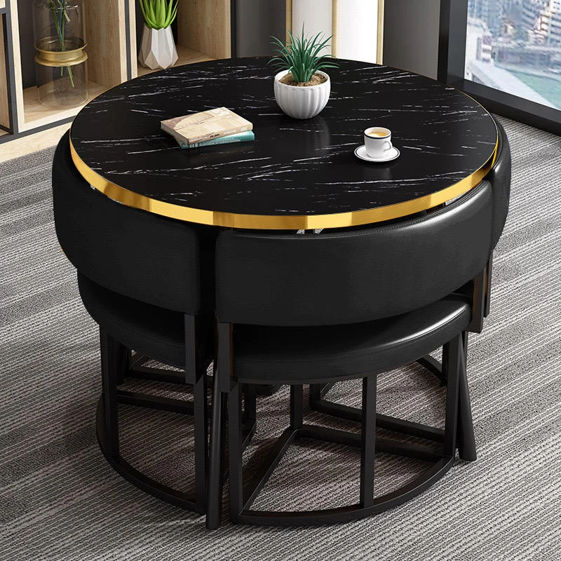 Space-Saving Round Black Dining Table Set with 4 Carbon-Steel Chairs
