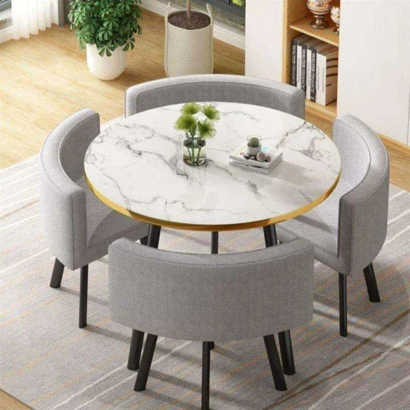 Modern Round Marble-Look Dining Table Set with 4 Upholstered Chairs