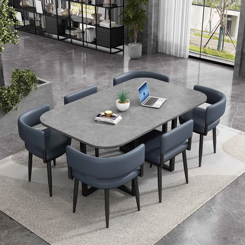 Large Rounded-Rectangle Stone Dining Table Set with 6 Upholstered Chairs