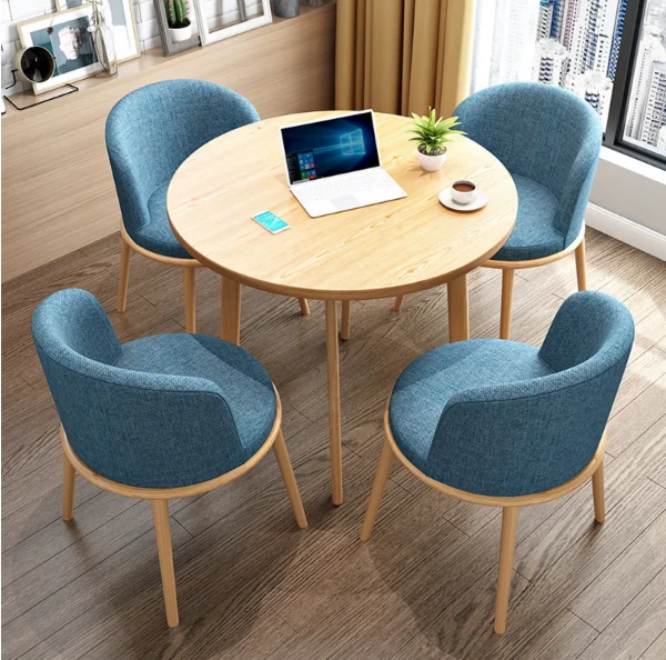 Modern Round Wood-Look Dining Table Set with 4 Blue Upholstered Chairs