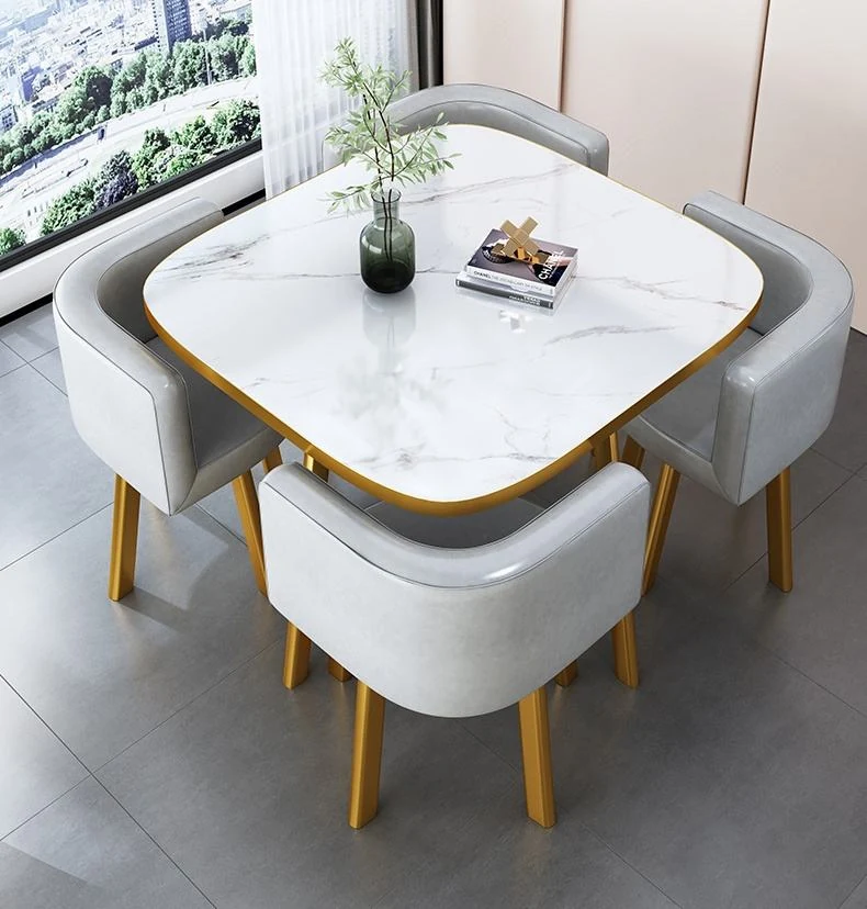 Space-Saving Square Marble-Look Dining Table Set with 4 Carbon-Steel Chairs