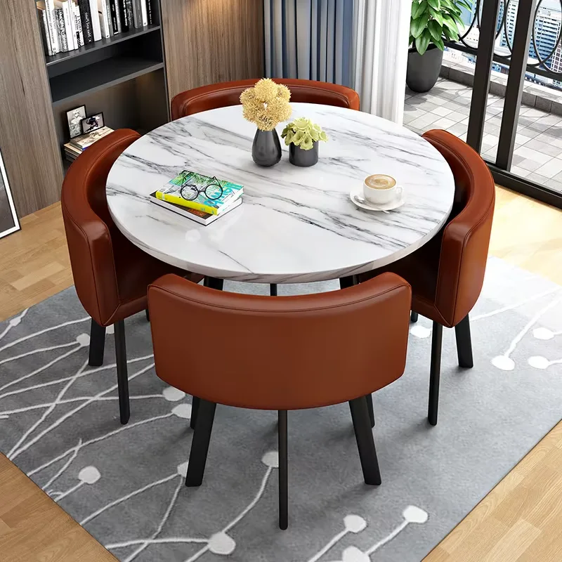 Luxury Round White Ceramic Dining Table Set with 4 Brown Chairs