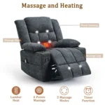 Massage points on the back and legs and a heated lumbar zone, with icons for lumbar heat, 6-point massage, 5 modes and timer