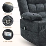 Close-ups of the padded arm, a cup holder and a side pocket with a magazine