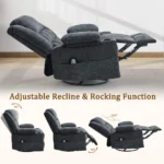 Recliner shown upright, rocking and fully reclined with the footrest raised, with angles 30°, 90° and 160° marked