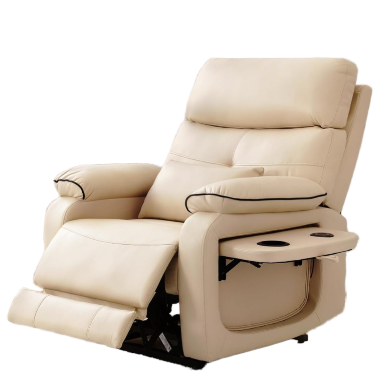 Beige recliner with the footrest raised and a fold-out tray with a cup holder on the side