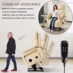 Man standing up beside the lifted recliner, with the wired remote, and a woman seated in it