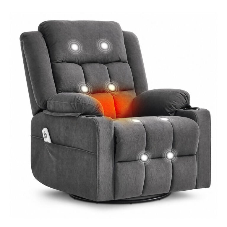 Gray padded recliner with white massage points on the back, seat and legs and a glowing lumbar zone
