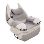 Light gray recliner with cat-ear back, white paw-shaped arms and a phone on a flexible holder