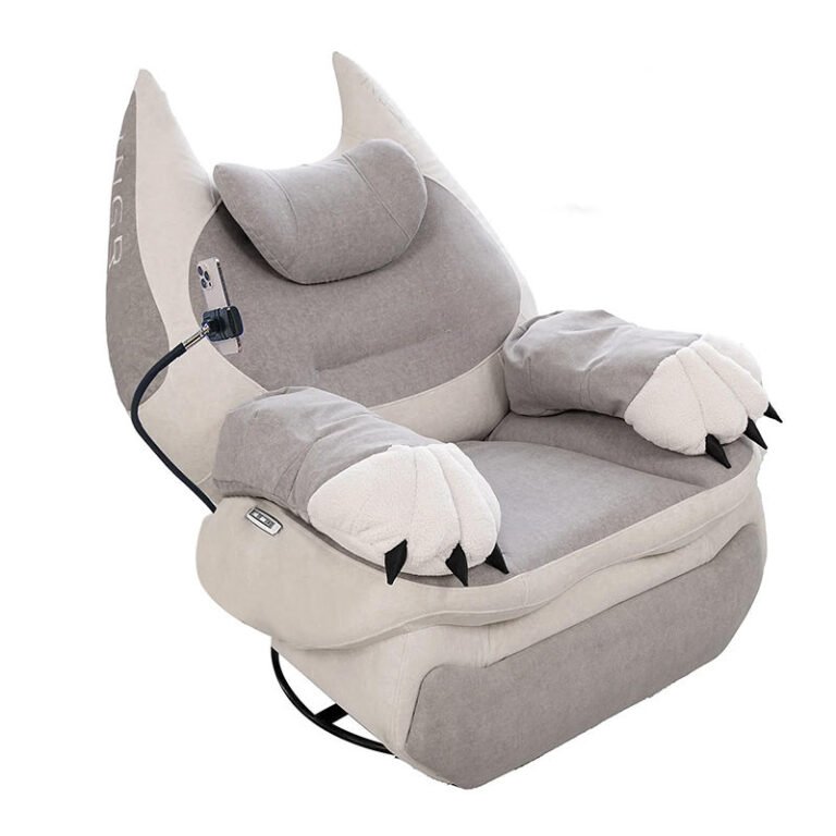 Light gray recliner with cat-ear back, white paw-shaped arms and a phone on a flexible holder