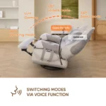 Recliner tilted back with the footrest raised, with working, gaming, leisure and sleep angles marked