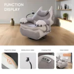 Recliner in a living room with callouts for ergonomic design, phone holder, charging ports and voice control