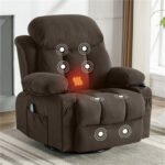 Dark brown padded recliner with massage points on the back, seat and legs and a glowing lumbar zone