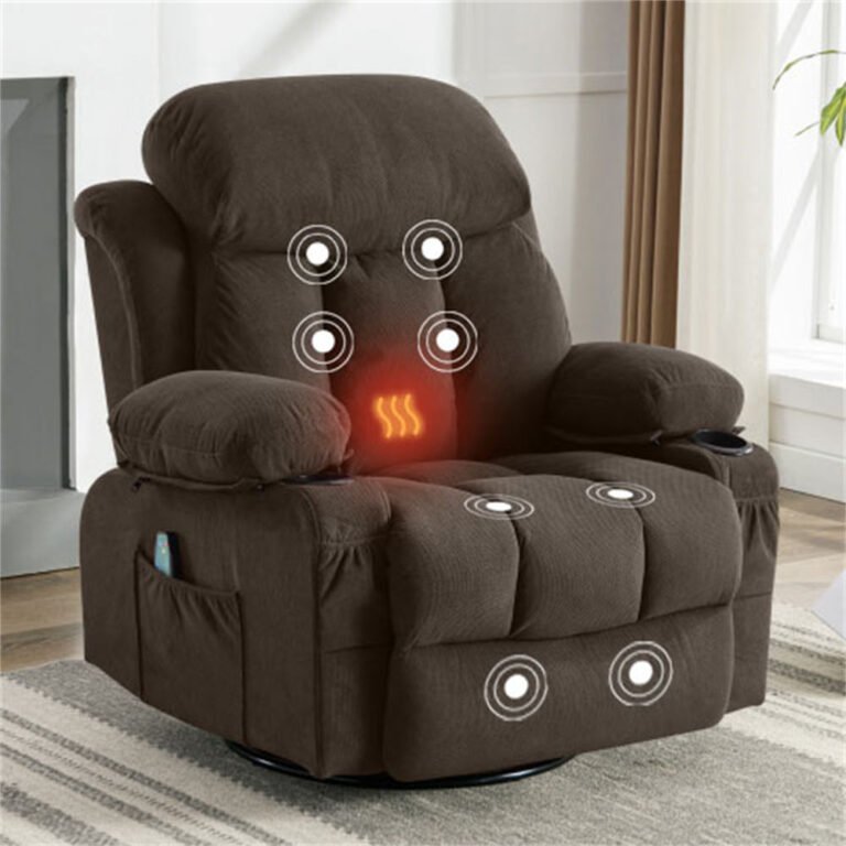 Dark brown padded recliner with massage points on the back, seat and legs and a glowing lumbar zone