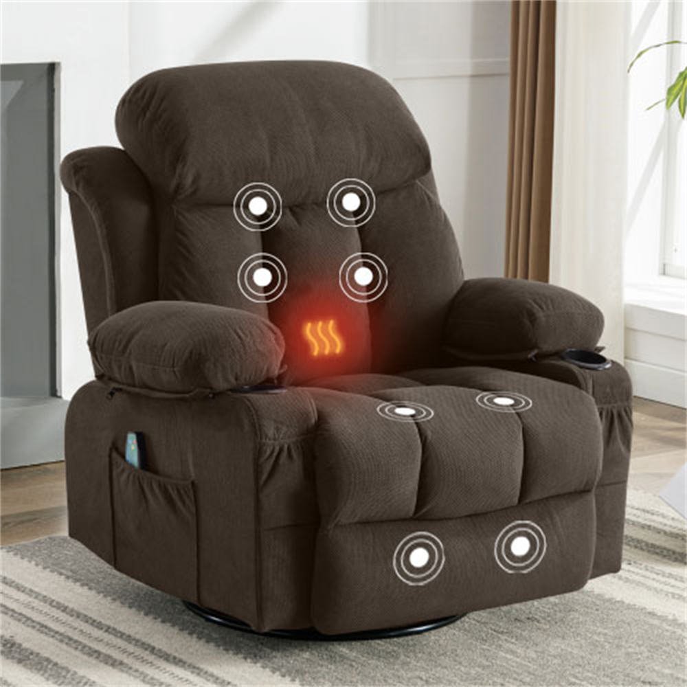 Dark brown padded recliner with massage points on the back, seat and legs and a glowing lumbar zone