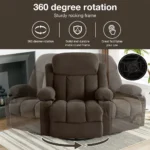 Recliner turning 360° on its base, with a close-up of the round metal swivel frame