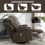 Recliner leaning back with the footrest open, marked 90° to 135°, with a cup holder close-up