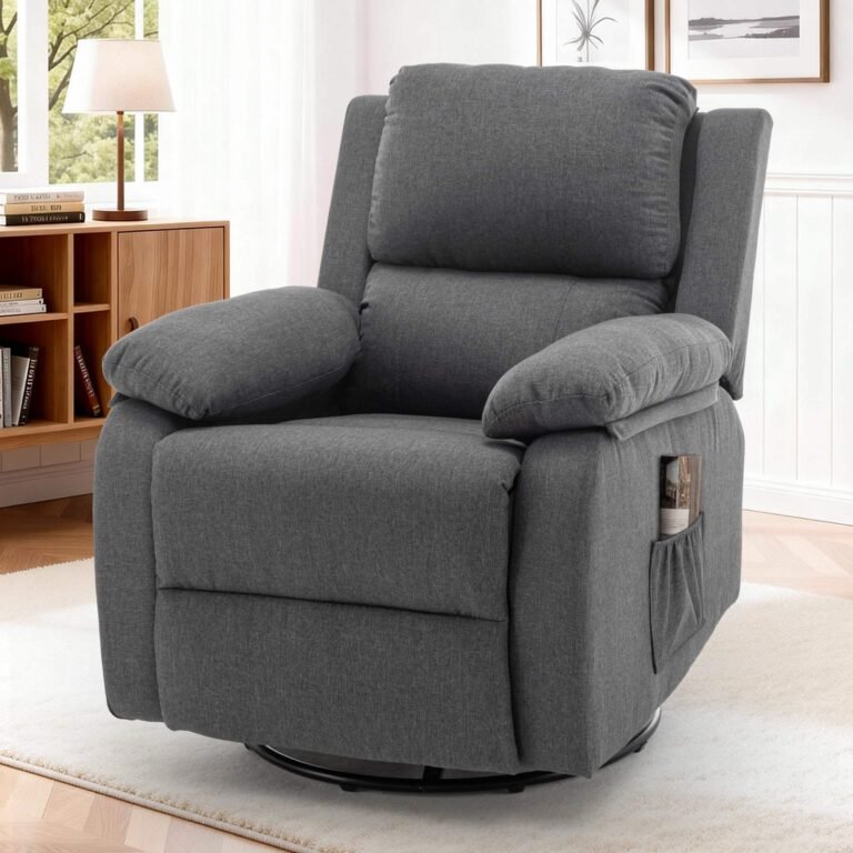 Gray linen-fabric recliner with padded arms and a side pocket in a living room