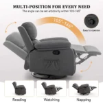 Recliner with the angle range 105° to 165° marked, with reading, watching and napping positions