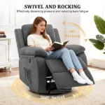 Woman reading in the recliner, with the 30° rocking and 360° swivel arrows around the base