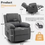 Dimensions: 29.53 in wide, 35 in deep, 40.95 in high, 56.3 in long reclined at 165°
