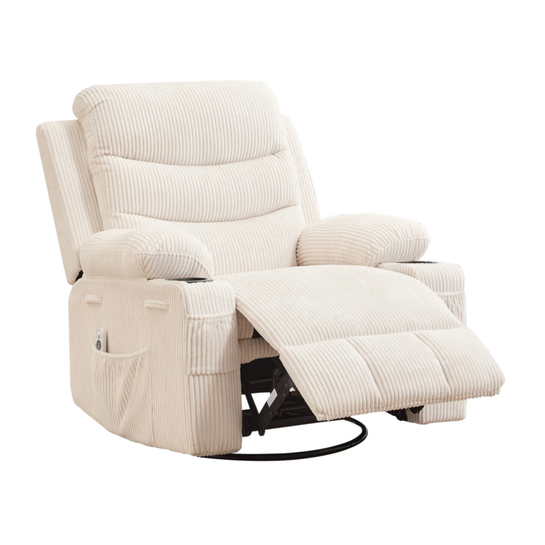 Cream ribbed-fabric recliner with the footrest raised, on a round black swivel base, with a cup holder in each arm