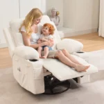 Woman and child sitting in the cream recliner with the footrest raised