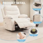 Recliner with close-ups of the side pocket, front pocket, cup holder and overstuffed armrest