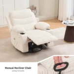 Cream recliner with the footrest raised, and a close-up of the pull handle for manual recline