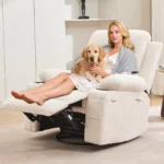 Woman and a dog resting in the cream recliner with the footrest raised
