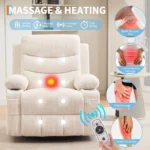 Massage points and a heated lumbar zone on the recliner, with the remote and icons for heat, 5 modes, 8 points and timer