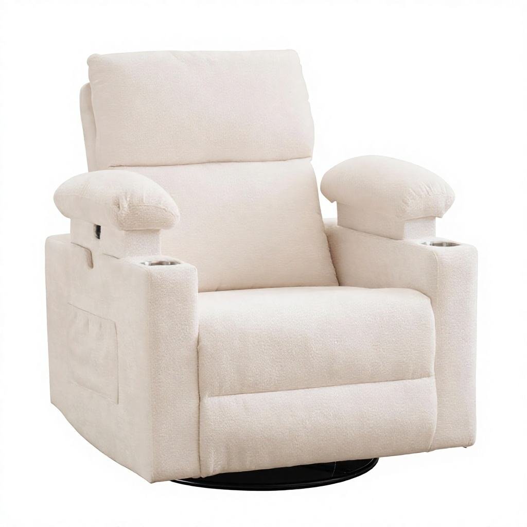 Cream recliner with raised-edge arms, a cup holder in each arm and a side pocket, on a round swivel base