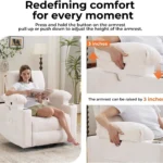 Woman reading in the recliner, with close-ups of the armrest raised by 3 inches