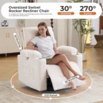 Woman with a remote in her hand in the recliner, marked 30° rocking and 270° swivel