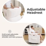 Close-up of the adjustable headrest and a woman reading in the recliner
