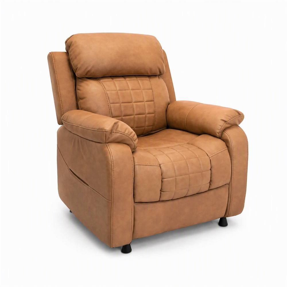 Cognac recliner with a grid-quilted back and seat, padded arms and short black feet