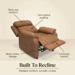 Recliner leaned back, with callouts for the pillow-top headrest, grid-quilted padding, metal recline linkage and footrest