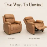 Cognac recliner shown upright and fully reclined side by side