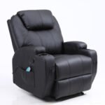 Black faux leather recliner with a cup holder in each arm and a side pocket holding the remote