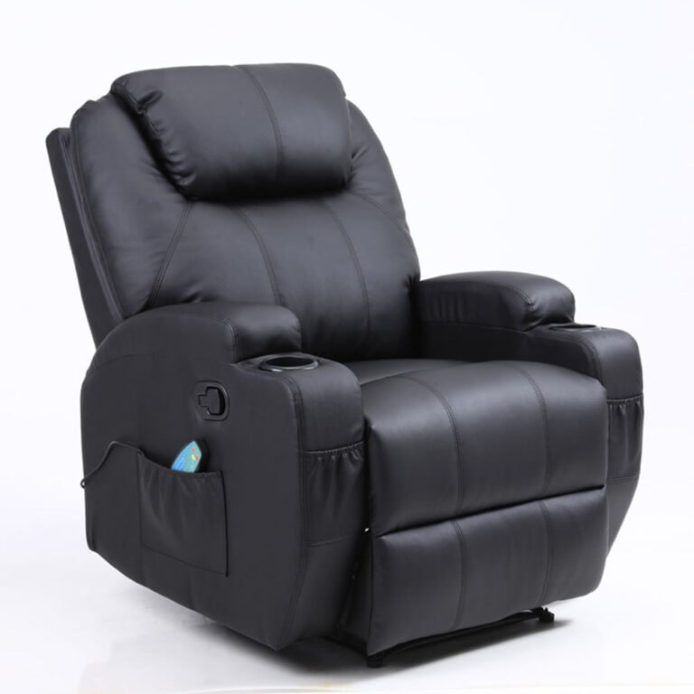 Black faux leather recliner with a cup holder in each arm and a side pocket holding the remote