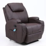 Brown faux leather recliner, front view, with cup holders, a side handle and a remote in the side pocket