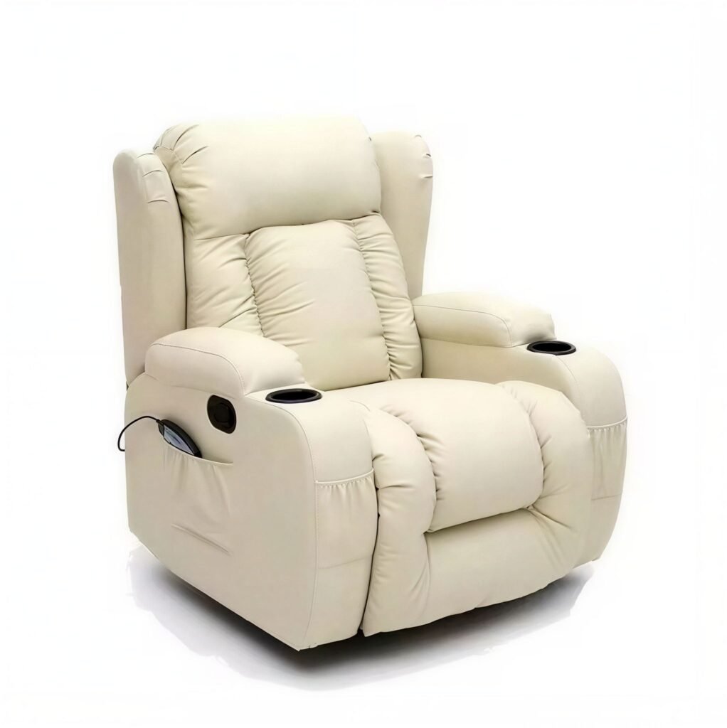 Beige leather-look recliner with a wing-shaped back, cup holders in both arms and a side pocket